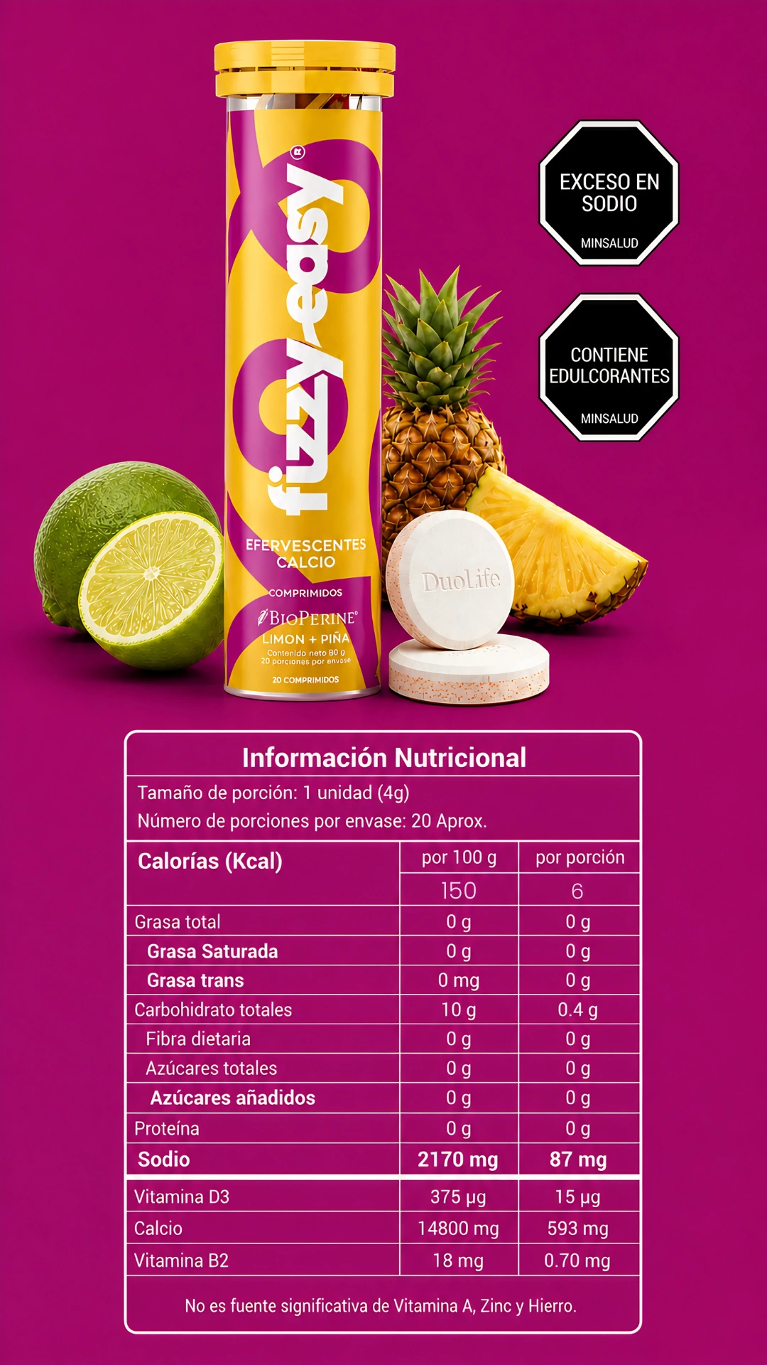 Información nutricional Efervescentes de calcio Fizzy Easy